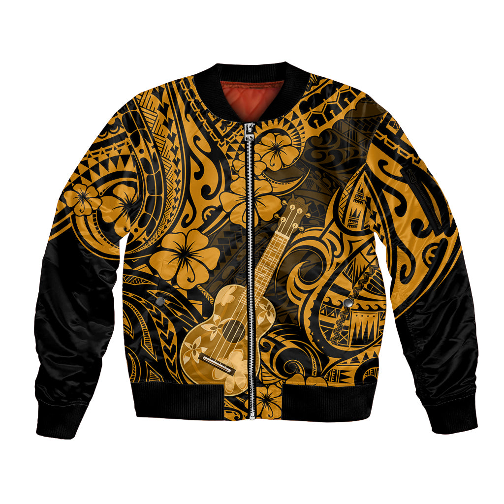 Hawaii Ukulele Sleeve Zip Bomber Jacket Polynesian Pattern Gold Version - Wonder Print Shop