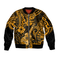 Hawaii Ukulele Sleeve Zip Bomber Jacket Polynesian Pattern Gold Version - Wonder Print Shop