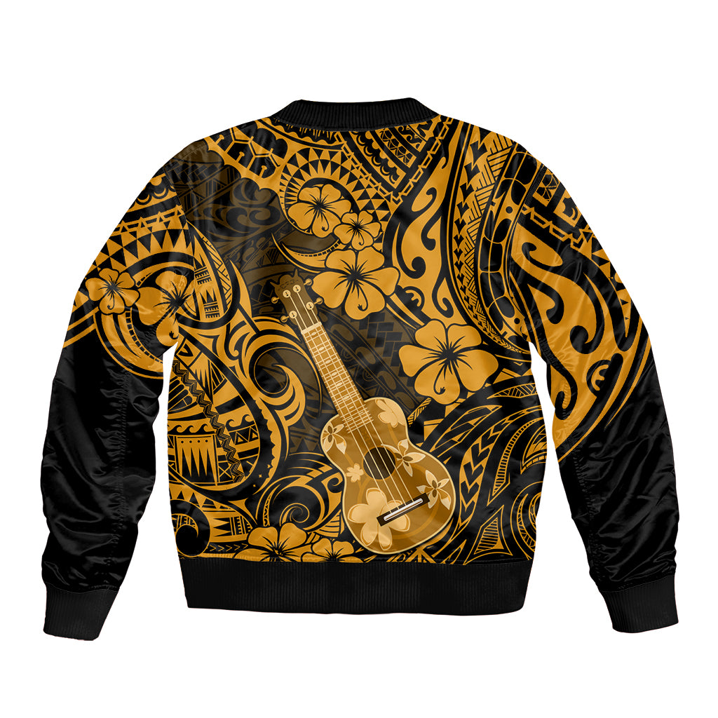 Hawaii Ukulele Sleeve Zip Bomber Jacket Polynesian Pattern Gold Version - Wonder Print Shop