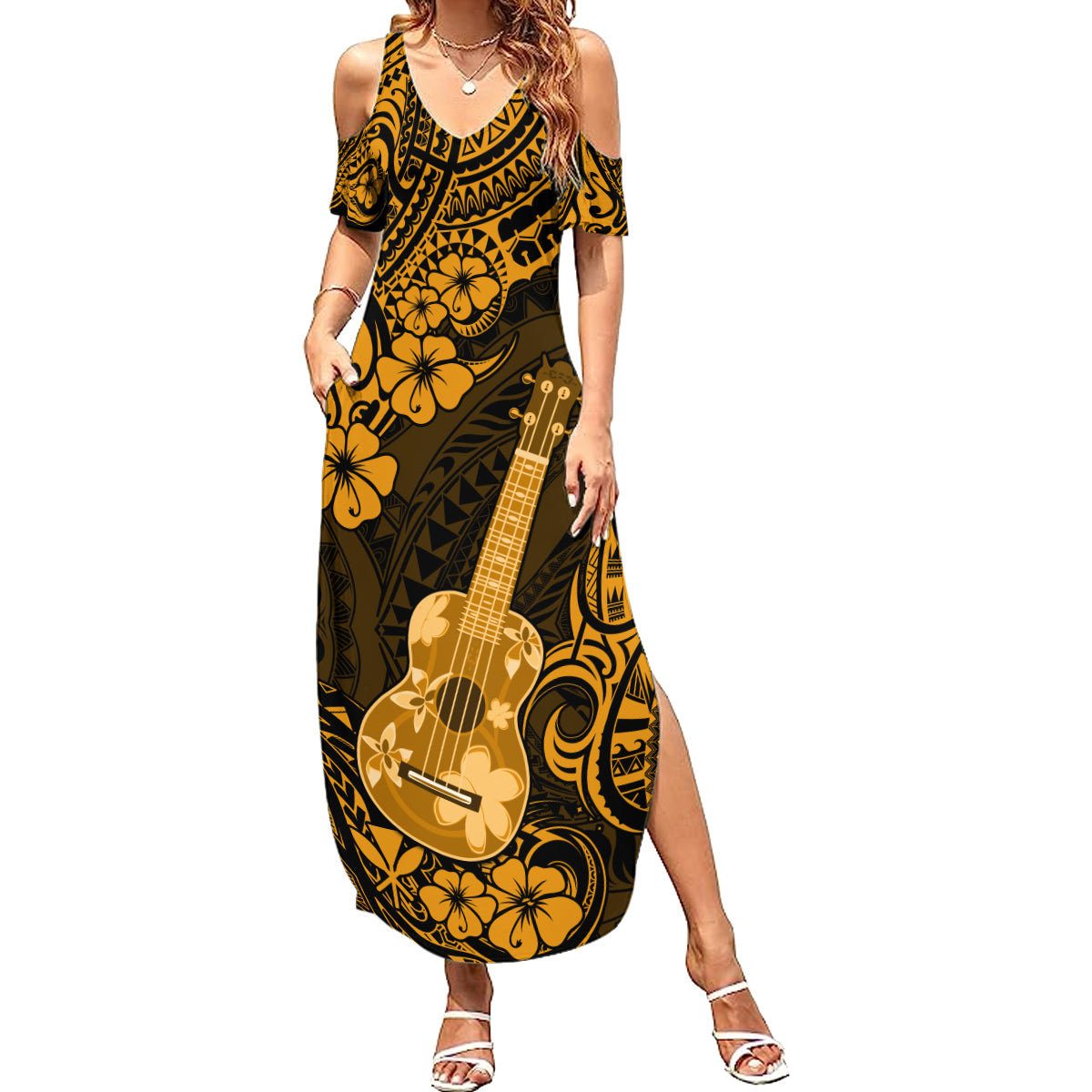 Hawaii Ukulele Summer Maxi Dress Polynesian Pattern Gold Version - Wonder Print Shop