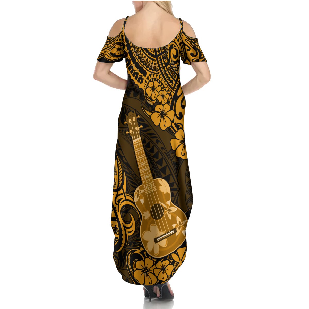 Hawaii Ukulele Summer Maxi Dress Polynesian Pattern Gold Version - Wonder Print Shop