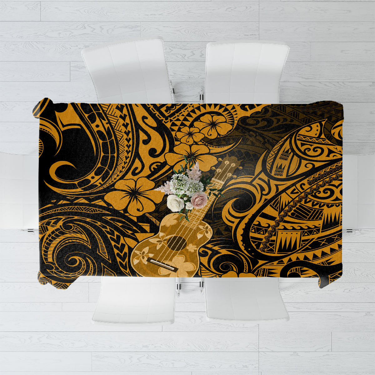 Hawaii Ukulele Tablecloth Polynesian Pattern Gold Version - Wonder Print Shop