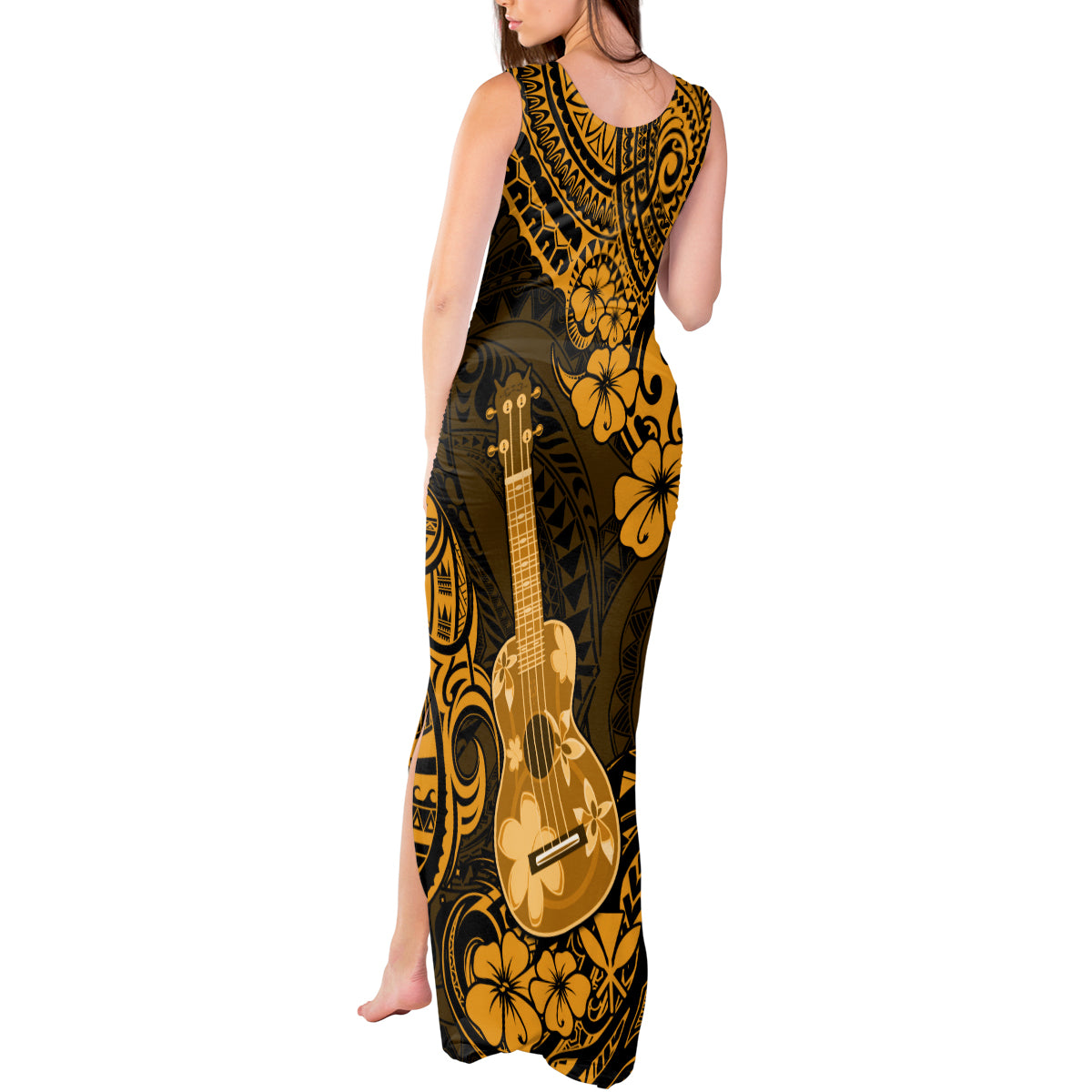 Hawaii Ukulele Tank Maxi Dress Polynesian Pattern Gold Version - Wonder Print Shop