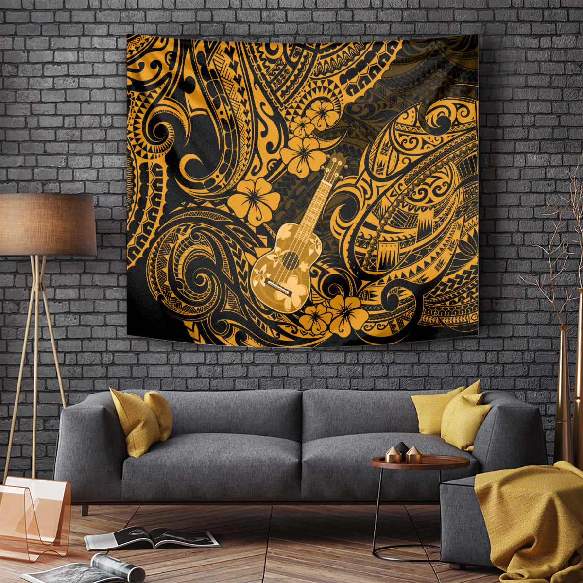 Hawaii Ukulele Tapestry Polynesian Pattern Gold Version - Wonder Print Shop