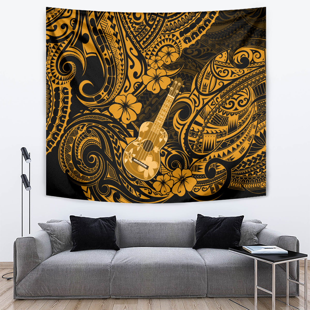 Hawaii Ukulele Tapestry Polynesian Pattern Gold Version - Wonder Print Shop