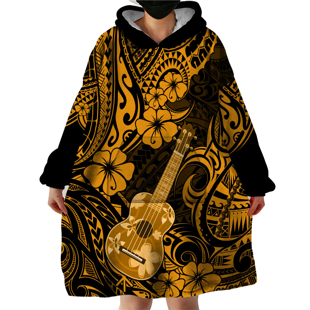 Hawaii Ukulele Wearable Blanket Hoodie Polynesian Pattern Gold Version - Wonder Print Shop