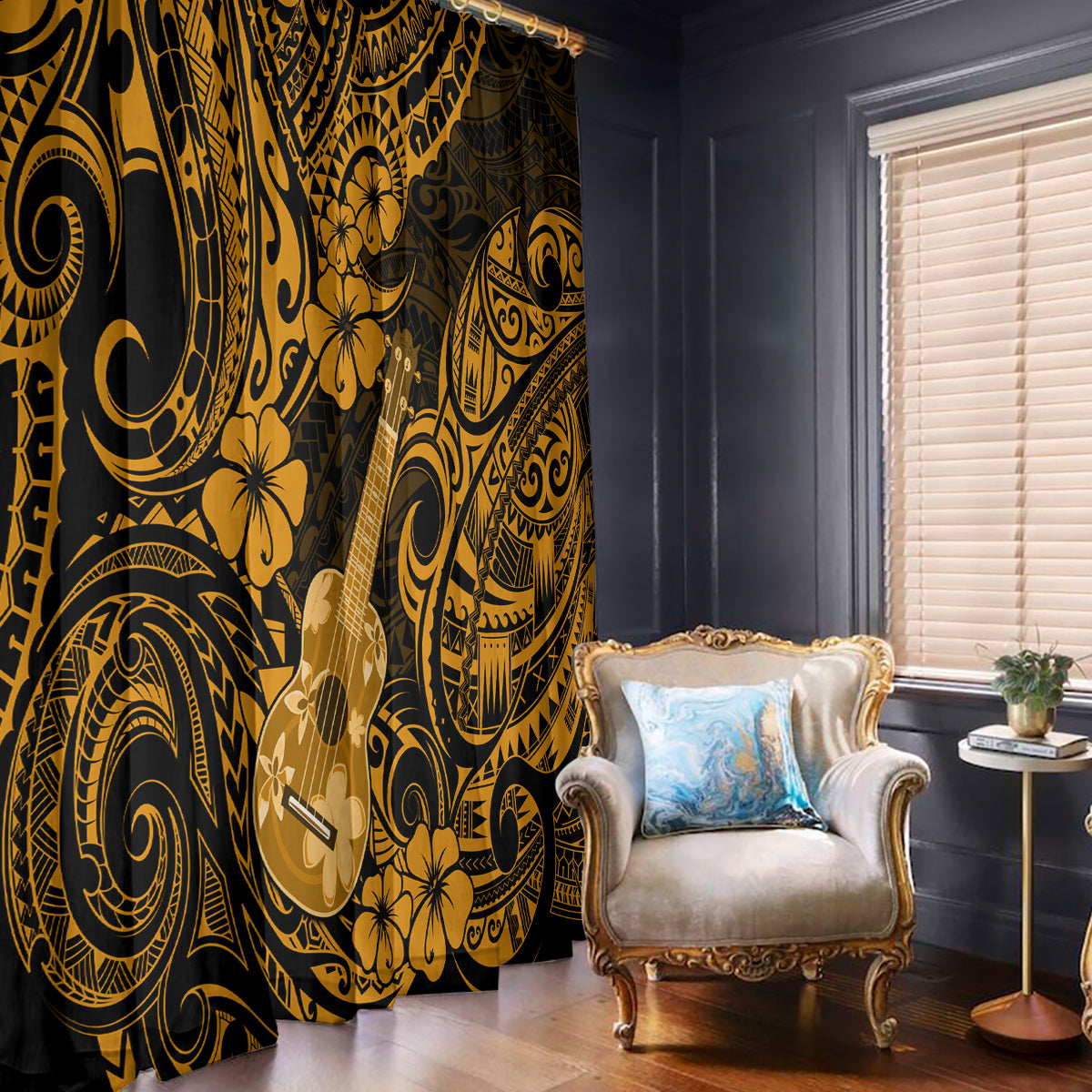 Hawaii Ukulele Window Curtain Polynesian Pattern Gold Version - Wonder Print Shop