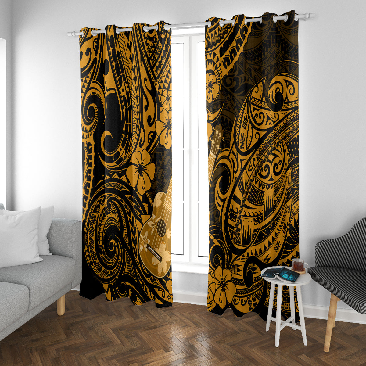 Hawaii Ukulele Window Curtain Polynesian Pattern Gold Version - Wonder Print Shop