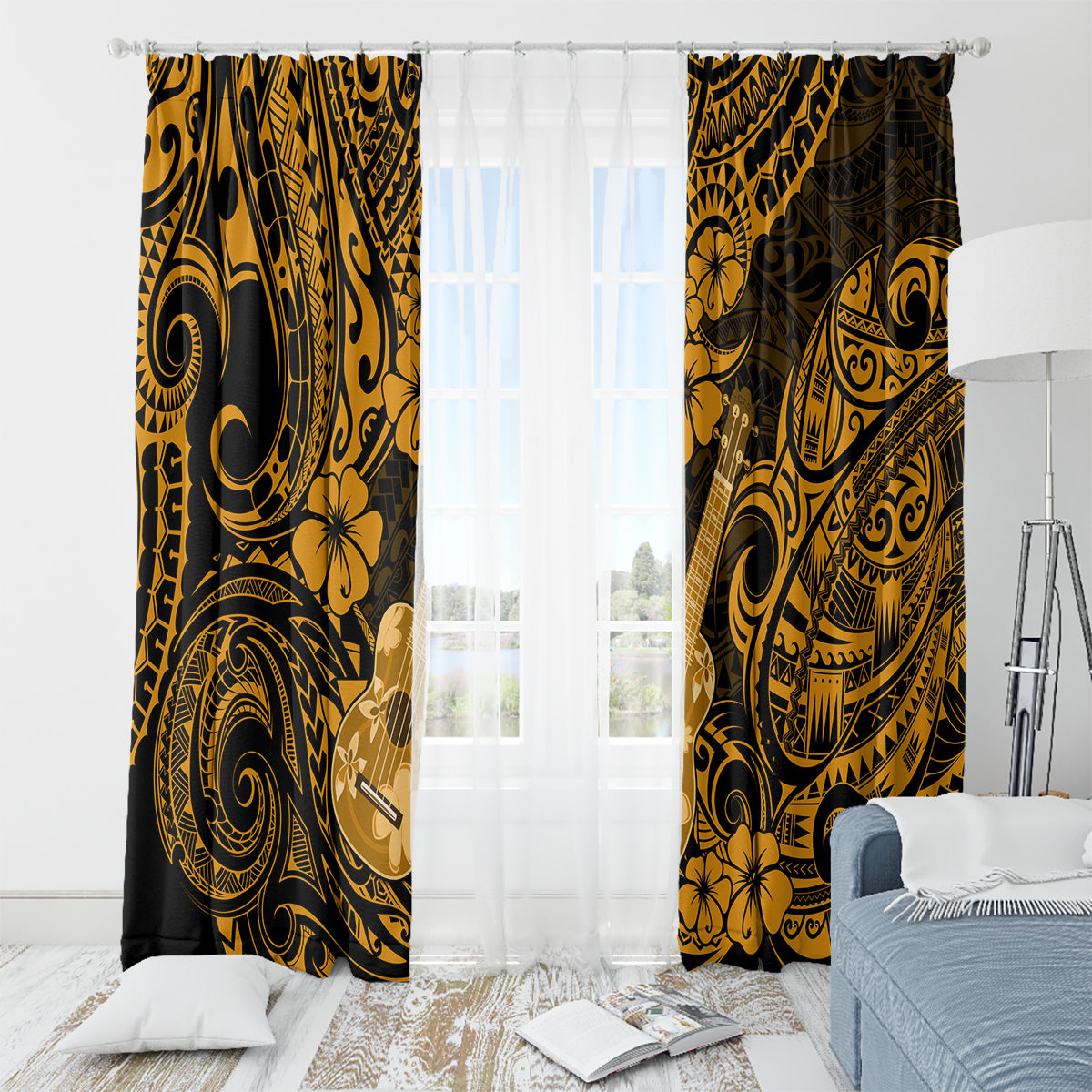 Hawaii Ukulele Window Curtain Polynesian Pattern Gold Version - Wonder Print Shop
