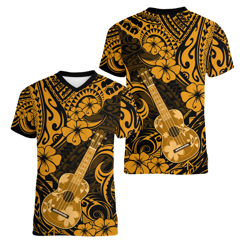 Hawaii Ukulele Women V Neck T Shirt Polynesian Pattern Gold Version - Wonder Print Shop