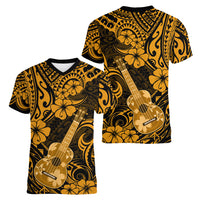 Hawaii Ukulele Women V Neck T Shirt Polynesian Pattern Gold Version - Wonder Print Shop