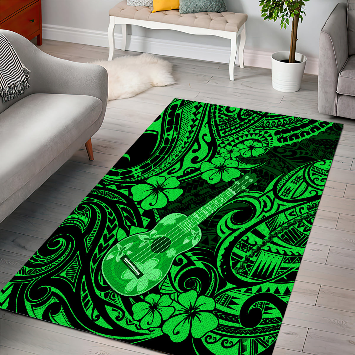 Hawaii Ukulele Area Rug Polynesian Pattern Green Version - Wonder Print Shop