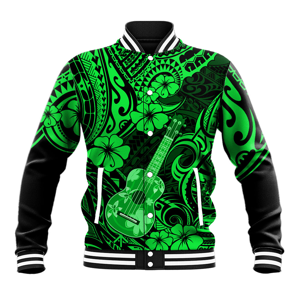 Hawaii Ukulele Baseball Jacket Polynesian Pattern Green Version - Wonder Print Shop