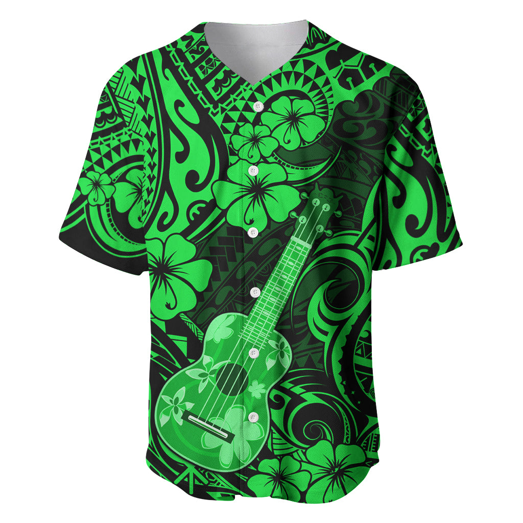 Hawaii Ukulele Baseball Jersey Polynesian Pattern Green Version - Wonder Print Shop
