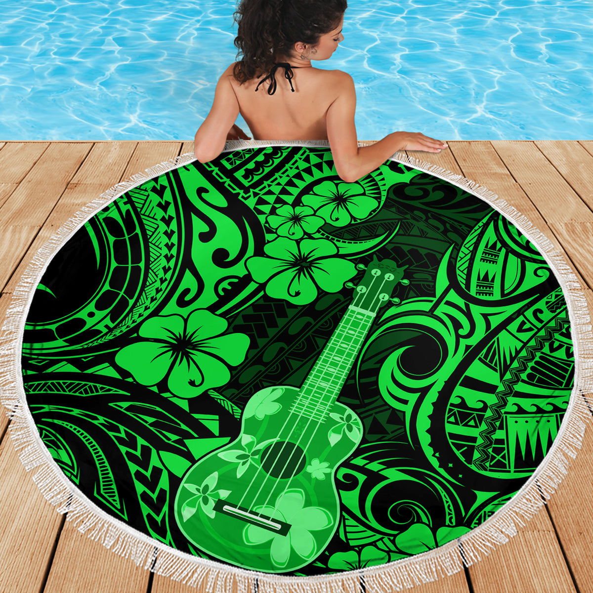 Hawaii Ukulele Beach Blanket Polynesian Pattern Green Version - Wonder Print Shop