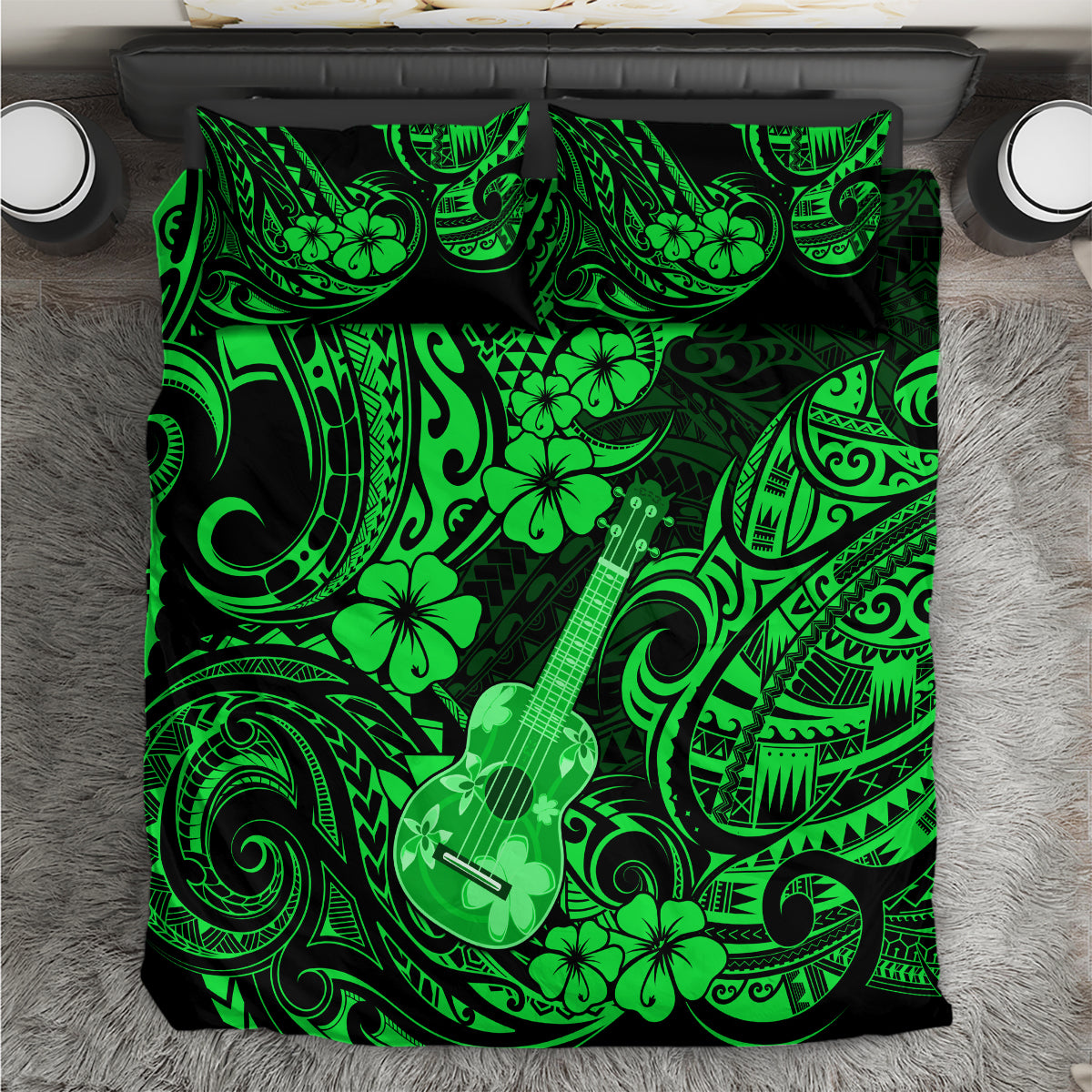 Hawaii Ukulele Bedding Set Polynesian Pattern Green Version - Wonder Print Shop