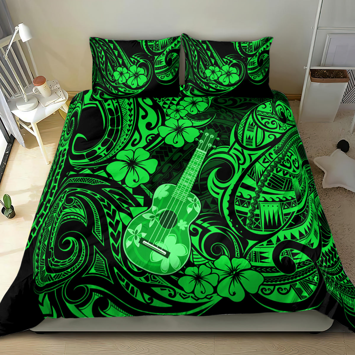 Hawaii Ukulele Bedding Set Polynesian Pattern Green Version - Wonder Print Shop