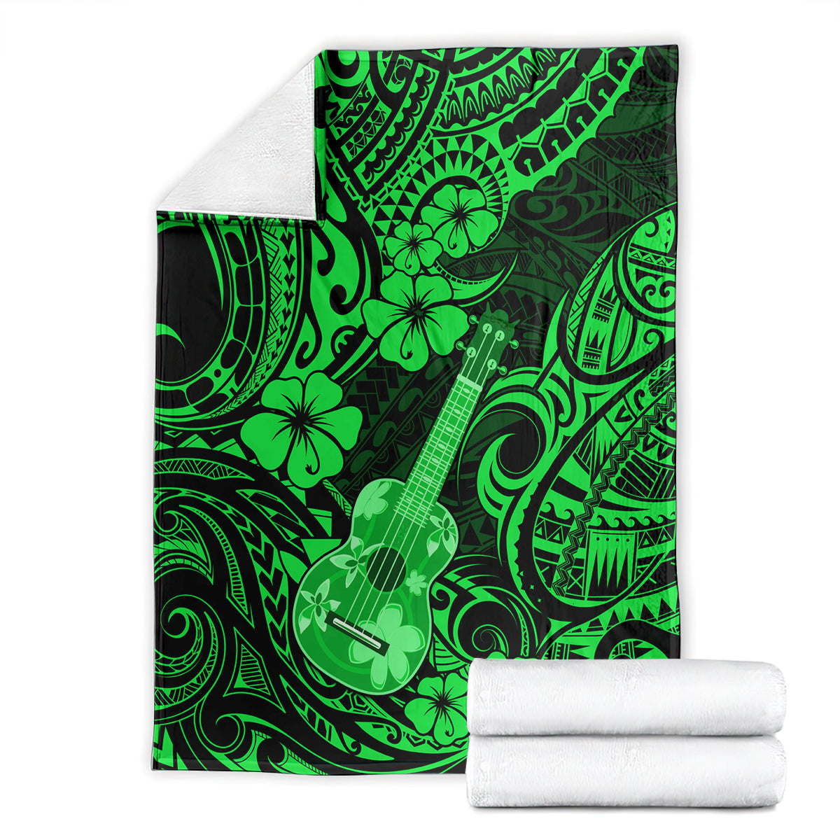 hawaii-ukulele-blanket-polynesian-pattern-green-version