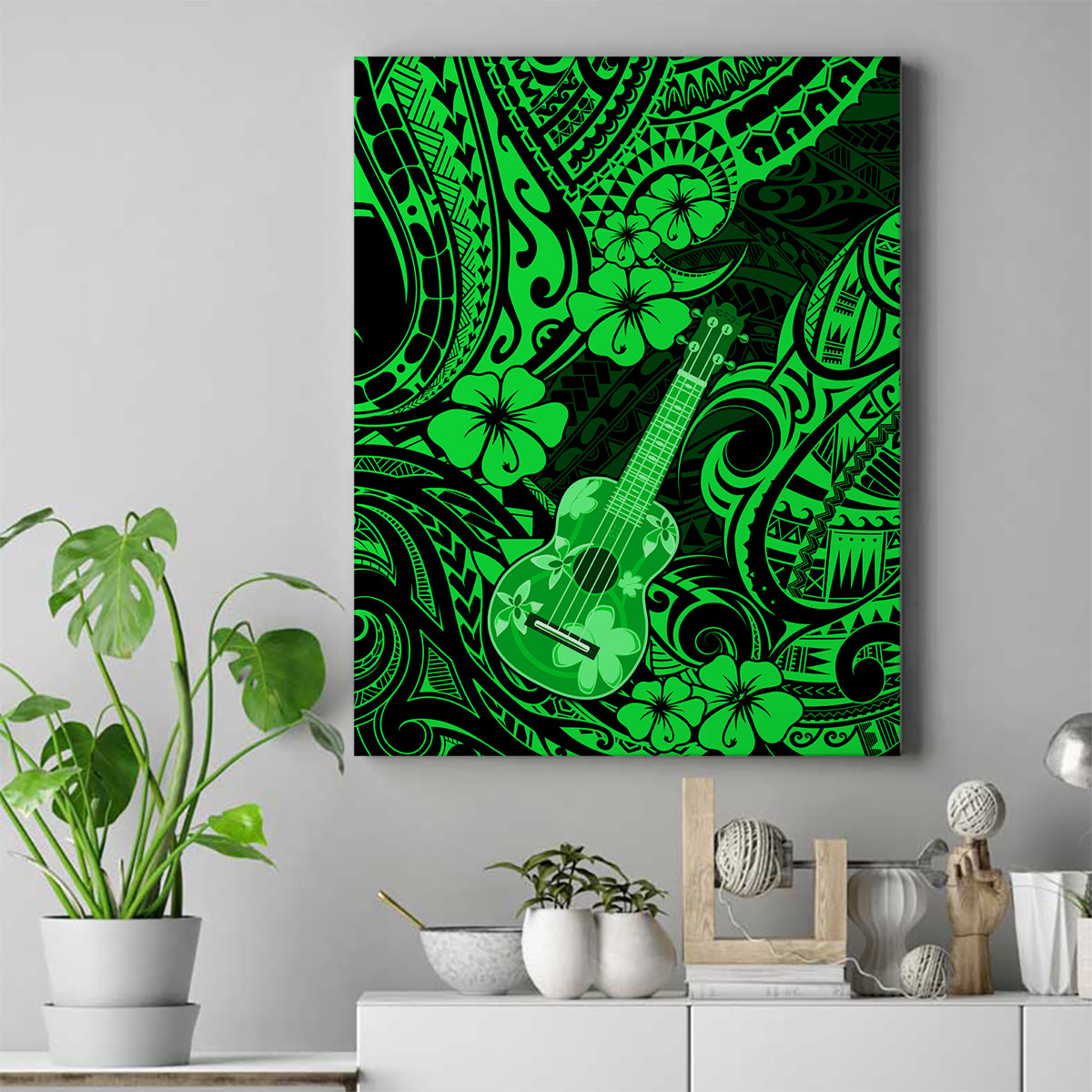 Hawaii Ukulele Canvas Wall Art Polynesian Pattern Green Version - Wonder Print Shop