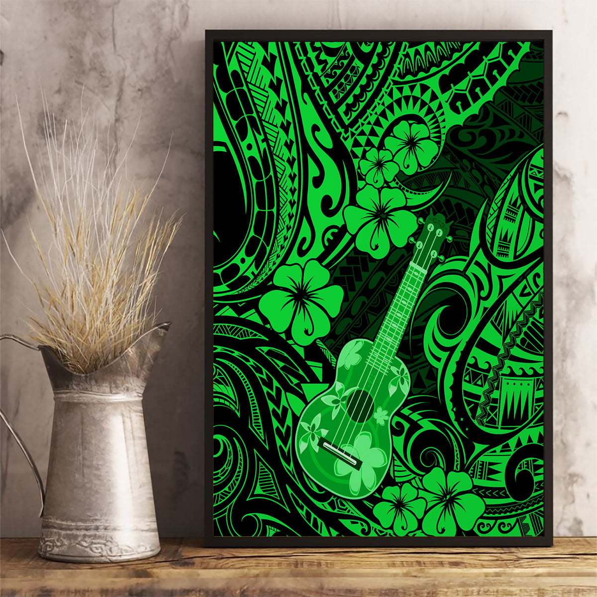 Hawaii Ukulele Canvas Wall Art Polynesian Pattern Green Version - Wonder Print Shop