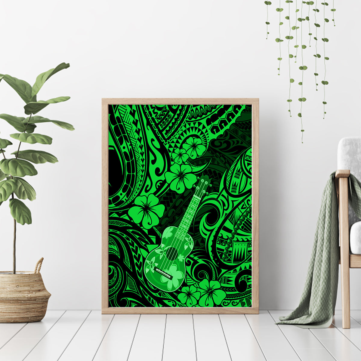 Hawaii Ukulele Canvas Wall Art Polynesian Pattern Green Version - Wonder Print Shop