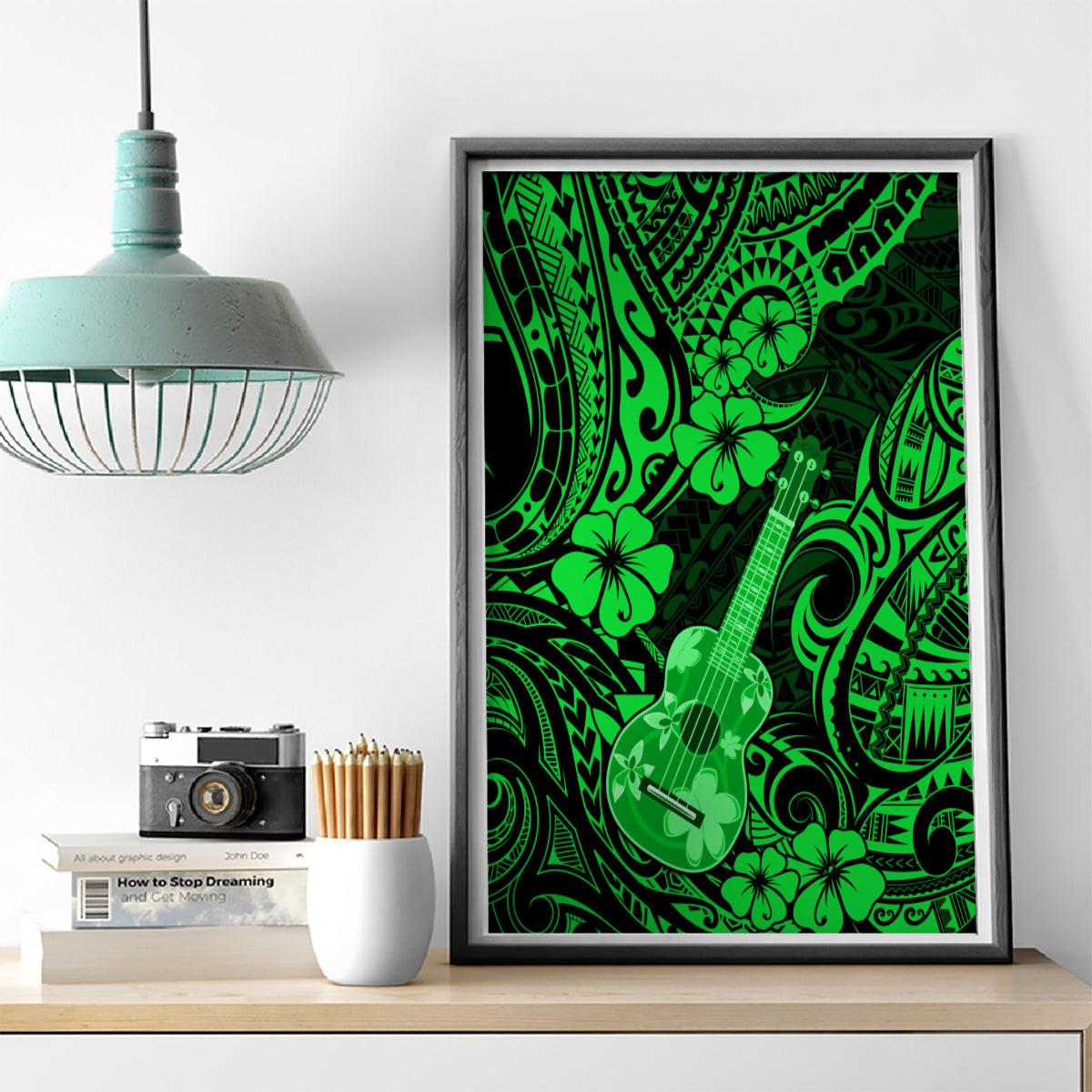Hawaii Ukulele Canvas Wall Art Polynesian Pattern Green Version - Wonder Print Shop