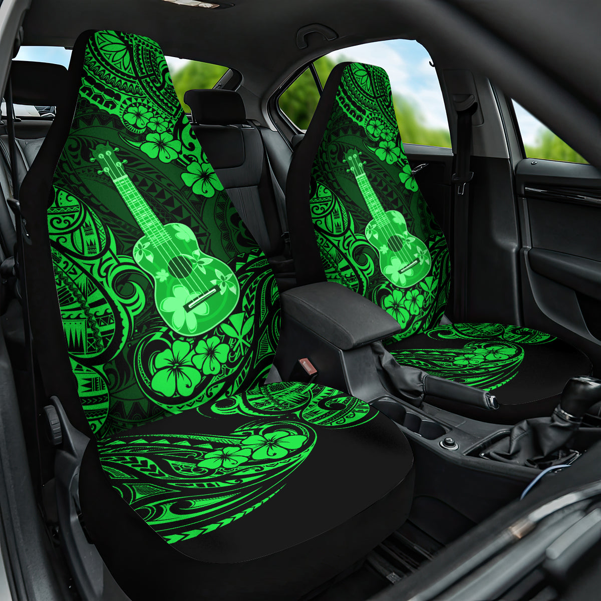 Hawaii Ukulele Car Seat Cover Polynesian Pattern Green Version - Wonder Print Shop