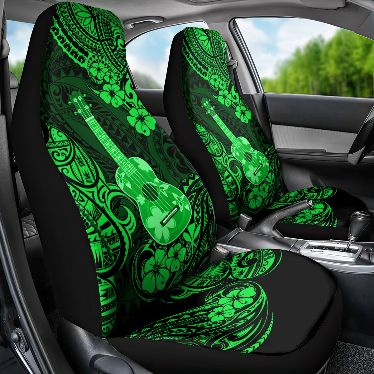 Hawaii Ukulele Car Seat Cover Polynesian Pattern Green Version - Wonder Print Shop