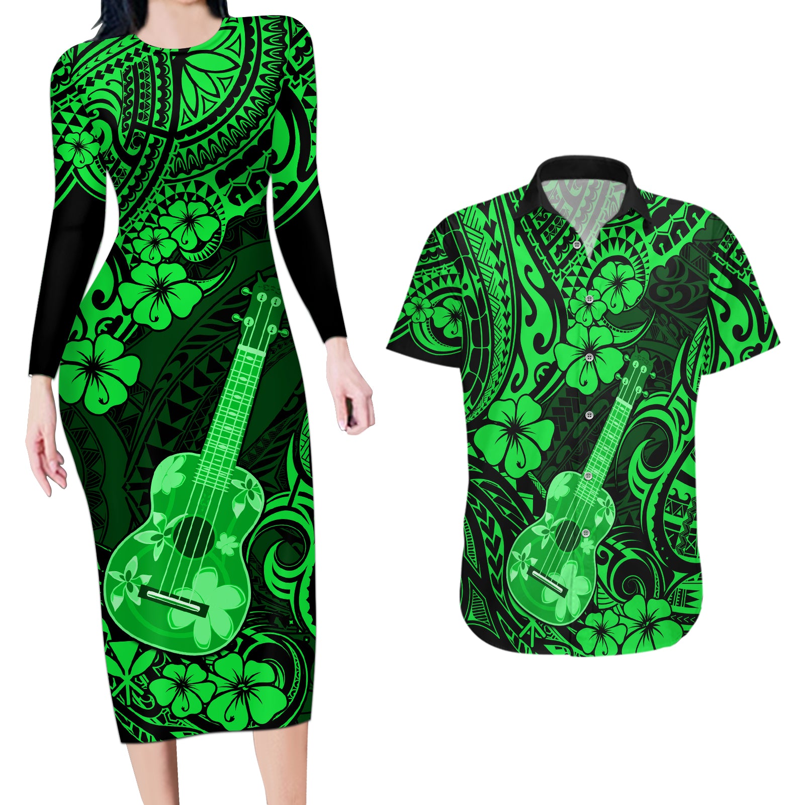 Hawaii Ukulele Couples Matching Long Sleeve Bodycon Dress and Hawaiian Shirt Polynesian Pattern Green Version - Wonder Print Shop