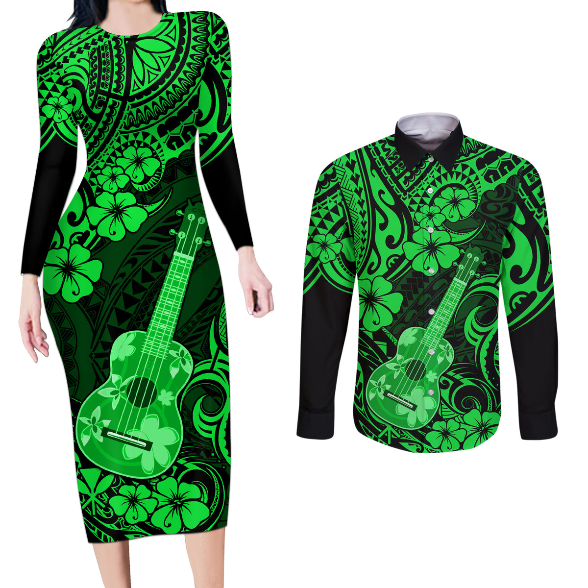 Hawaii Ukulele Couples Matching Long Sleeve Bodycon Dress and Long Sleeve Button Shirts Polynesian Pattern Green Version - Wonder Print Shop
