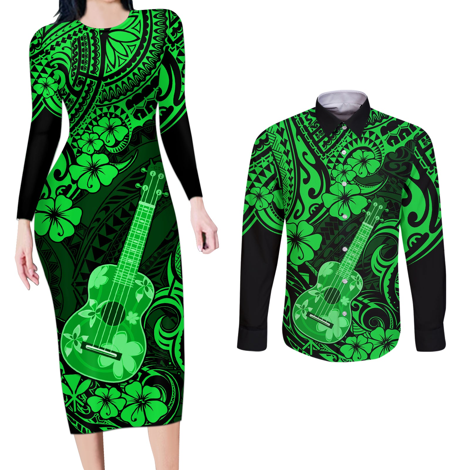 Hawaii Ukulele Couples Matching Long Sleeve Bodycon Dress and Long Sleeve Button Shirts Polynesian Pattern Green Version - Wonder Print Shop