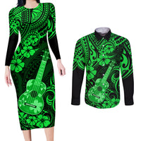 Hawaii Ukulele Couples Matching Long Sleeve Bodycon Dress and Long Sleeve Button Shirts Polynesian Pattern Green Version - Wonder Print Shop