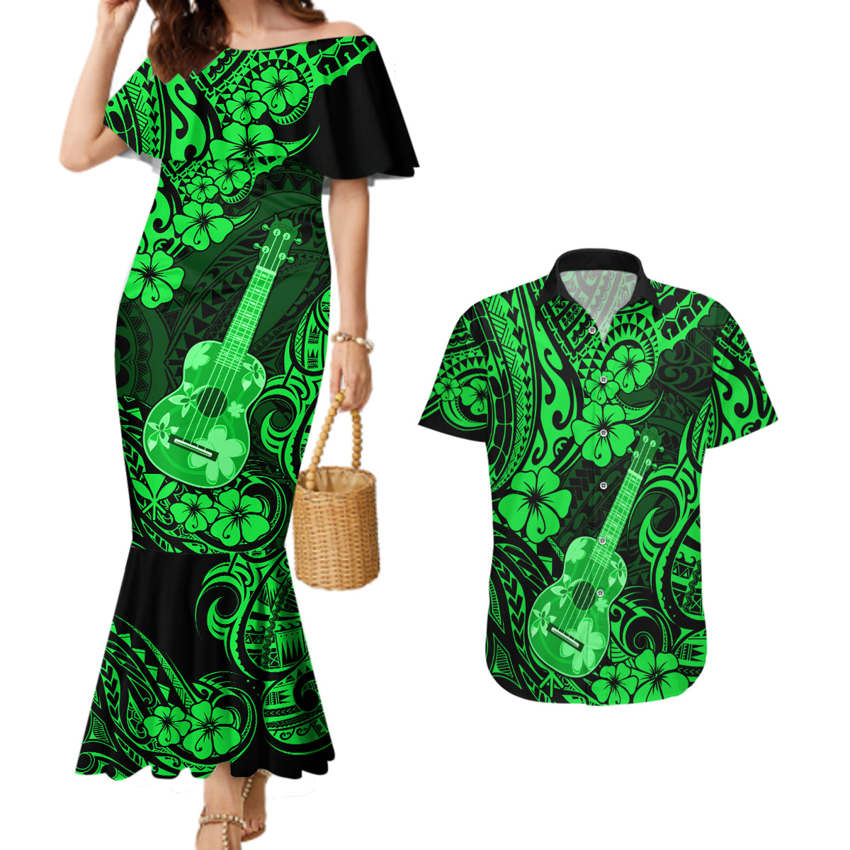 Hawaii Ukulele Couples Matching Mermaid Dress and Hawaiian Shirt Polynesian Pattern Green Version - Wonder Print Shop