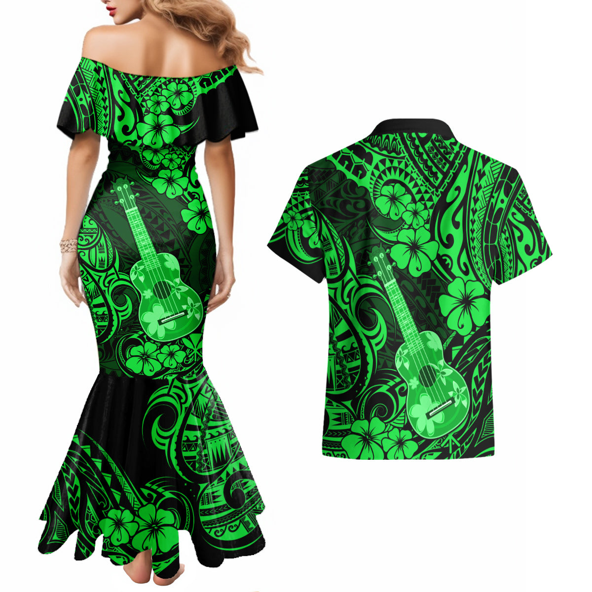 Hawaii Ukulele Couples Matching Mermaid Dress and Hawaiian Shirt Polynesian Pattern Green Version - Wonder Print Shop