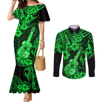 hawaii-ukulele-couples-matching-mermaid-dress-and-long-sleeve-button-shirts-polynesian-pattern-green-version