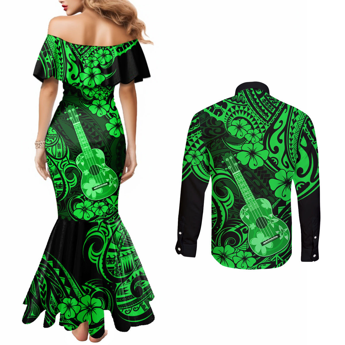 hawaii-ukulele-couples-matching-mermaid-dress-and-long-sleeve-button-shirts-polynesian-pattern-green-version