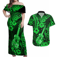 Hawaii Ukulele Couples Matching Off Shoulder Maxi Dress and Hawaiian Shirt Polynesian Pattern Green Version - Wonder Print Shop