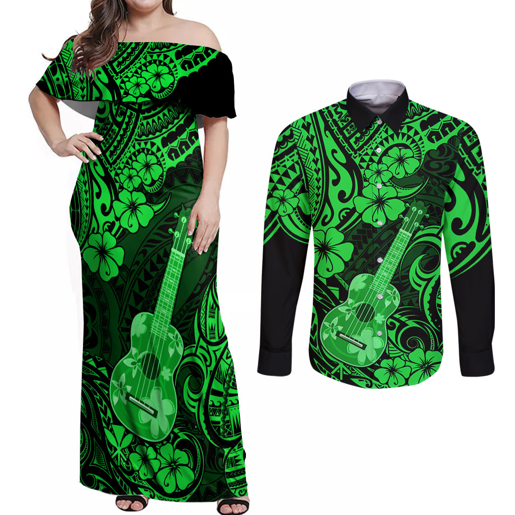 Hawaii Ukulele Couples Matching Off Shoulder Maxi Dress and Long Sleeve Button Shirts Polynesian Pattern Green Version - Wonder Print Shop