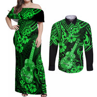Hawaii Ukulele Couples Matching Off Shoulder Maxi Dress and Long Sleeve Button Shirts Polynesian Pattern Green Version - Wonder Print Shop