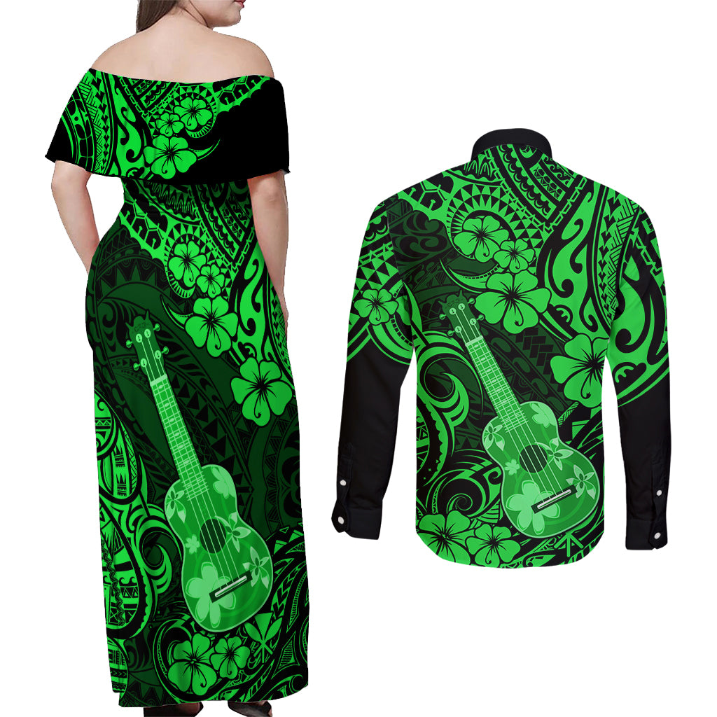 Hawaii Ukulele Couples Matching Off Shoulder Maxi Dress and Long Sleeve Button Shirts Polynesian Pattern Green Version - Wonder Print Shop
