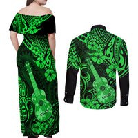 Hawaii Ukulele Couples Matching Off Shoulder Maxi Dress and Long Sleeve Button Shirts Polynesian Pattern Green Version - Wonder Print Shop
