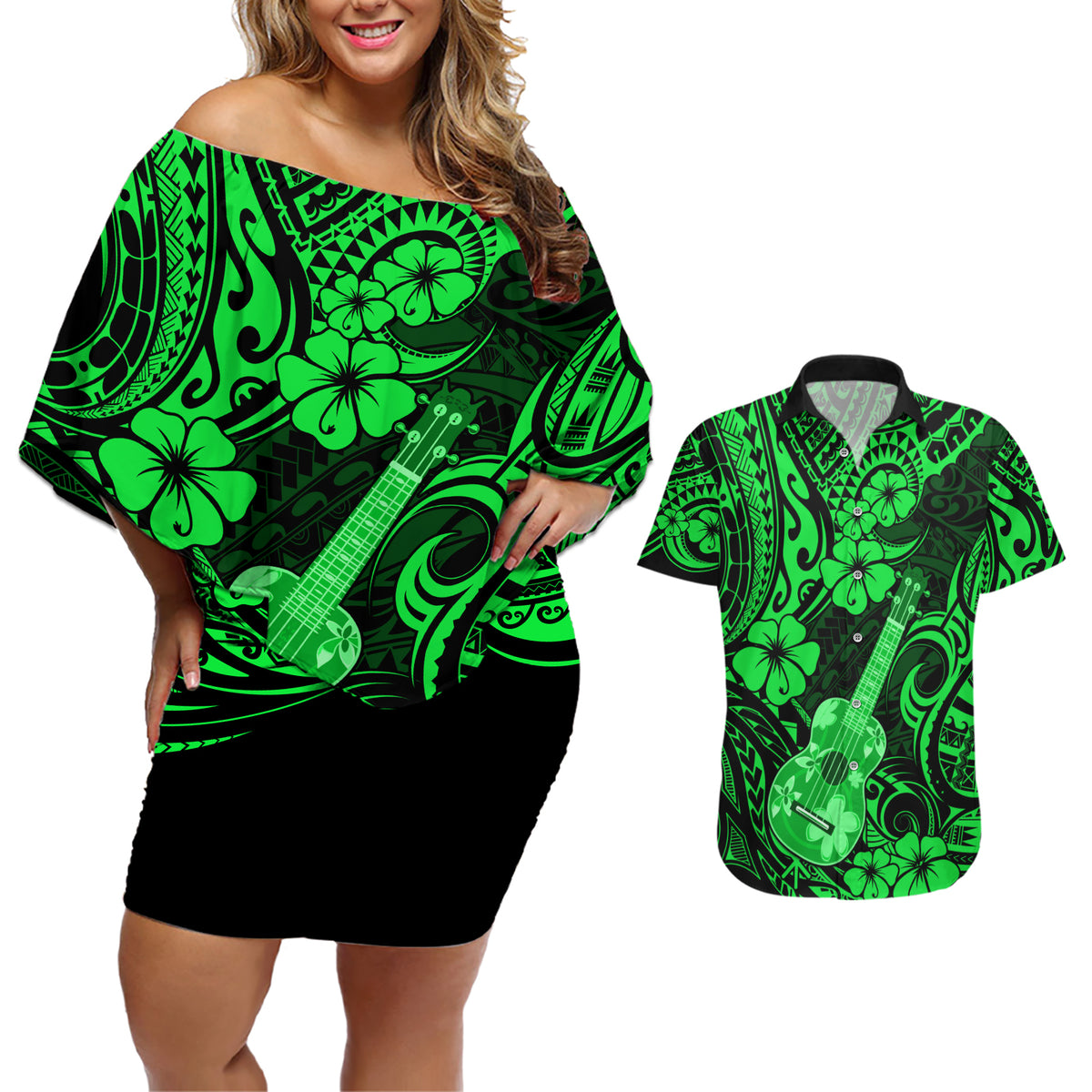 Hawaii Ukulele Couples Matching Off Shoulder Short Dress and Hawaiian Shirt Polynesian Pattern Green Version - Wonder Print Shop