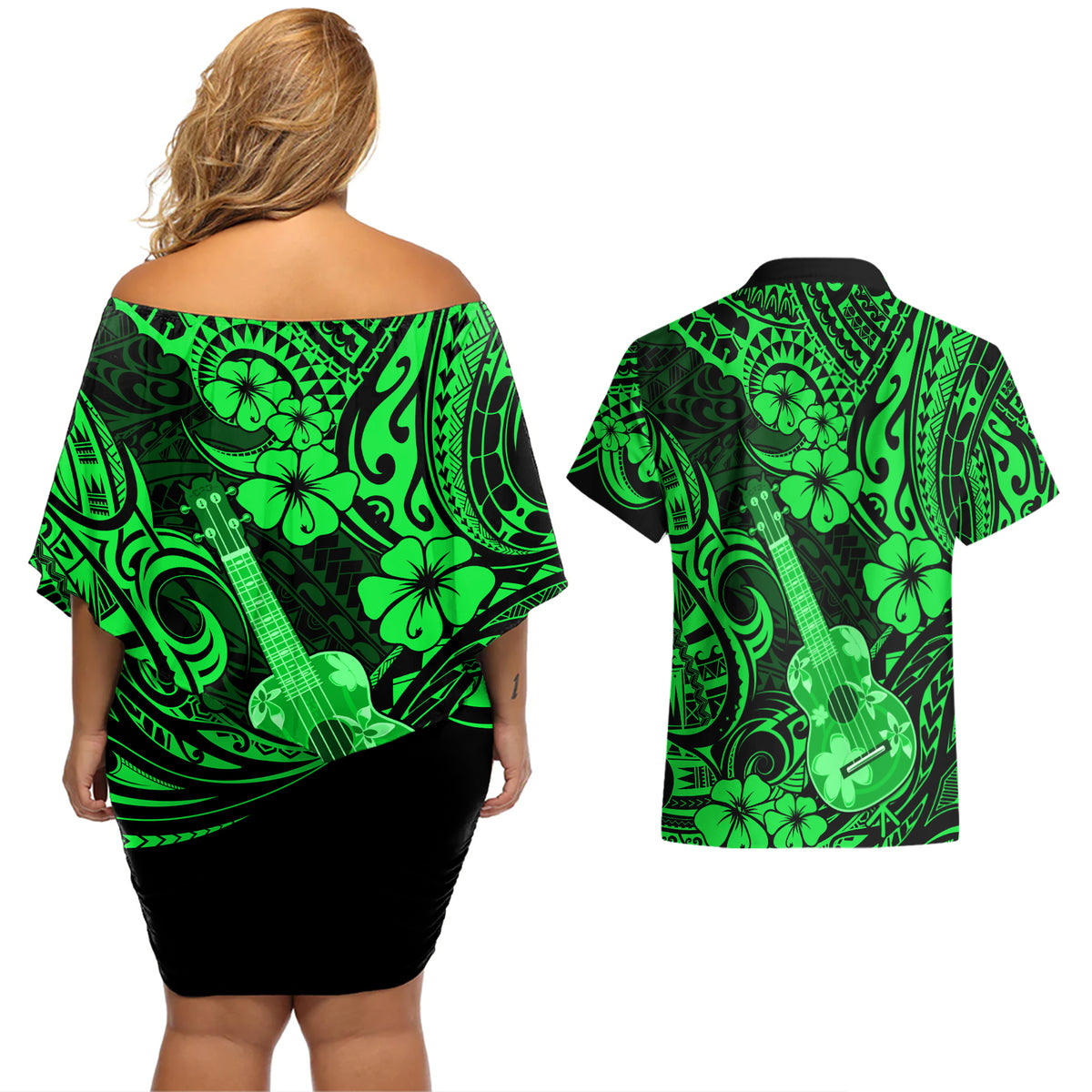 Hawaii Ukulele Couples Matching Off Shoulder Short Dress and Hawaiian Shirt Polynesian Pattern Green Version - Wonder Print Shop