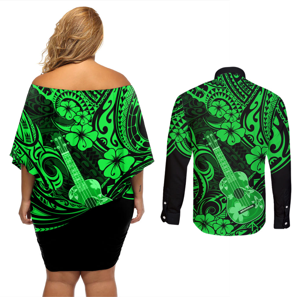 Hawaii Ukulele Couples Matching Off Shoulder Short Dress and Long Sleeve Button Shirts Polynesian Pattern Green Version - Wonder Print Shop
