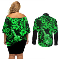 Hawaii Ukulele Couples Matching Off Shoulder Short Dress and Long Sleeve Button Shirts Polynesian Pattern Green Version - Wonder Print Shop
