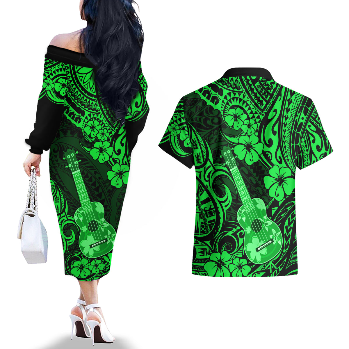 Hawaii Ukulele Couples Matching Off The Shoulder Long Sleeve Dress and Hawaiian Shirt Polynesian Pattern Green Version - Wonder Print Shop