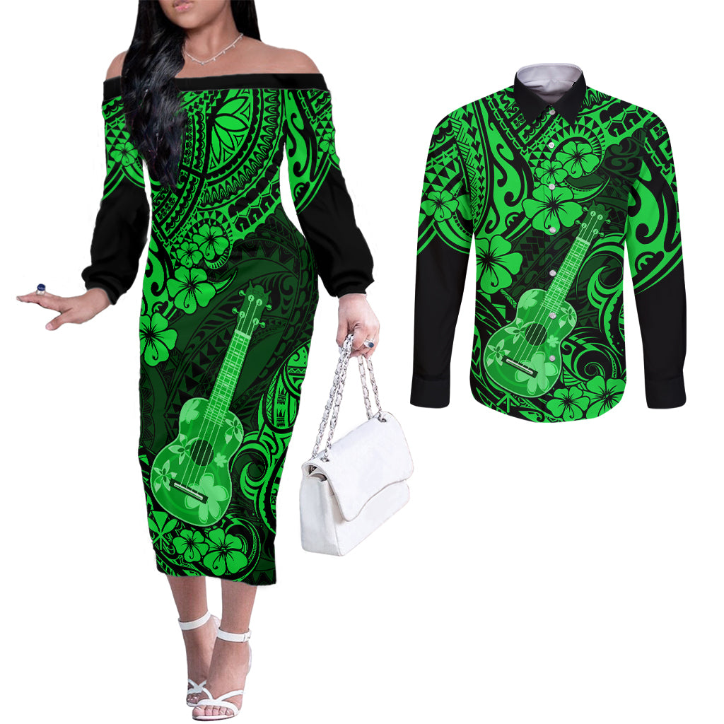 hawaii-ukulele-couples-matching-off-the-shoulder-long-sleeve-dress-and-long-sleeve-button-shirts-polynesian-pattern-green-version