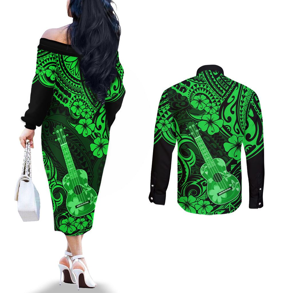 hawaii-ukulele-couples-matching-off-the-shoulder-long-sleeve-dress-and-long-sleeve-button-shirts-polynesian-pattern-green-version