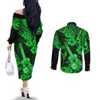 hawaii-ukulele-couples-matching-off-the-shoulder-long-sleeve-dress-and-long-sleeve-button-shirts-polynesian-pattern-green-version