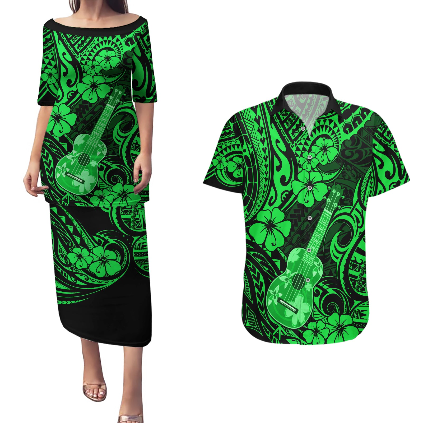 Hawaii Ukulele Couples Matching Puletasi Dress and Hawaiian Shirt Polynesian Pattern Green Version - Wonder Print Shop